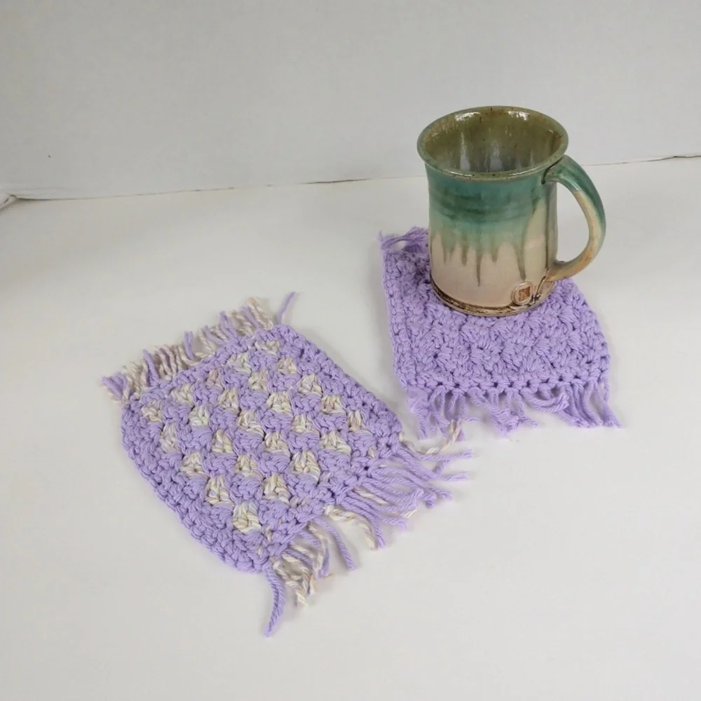 Coaster Set Hand Crafted Crochet Purple Lavender Gray Cotton